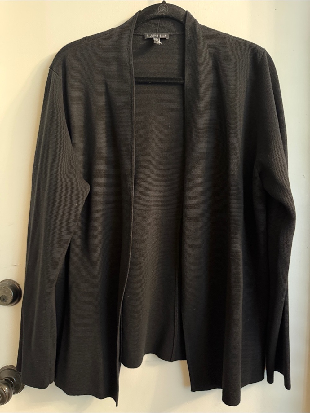 Eileen Fisher organic cotton silk black open front cardigan large